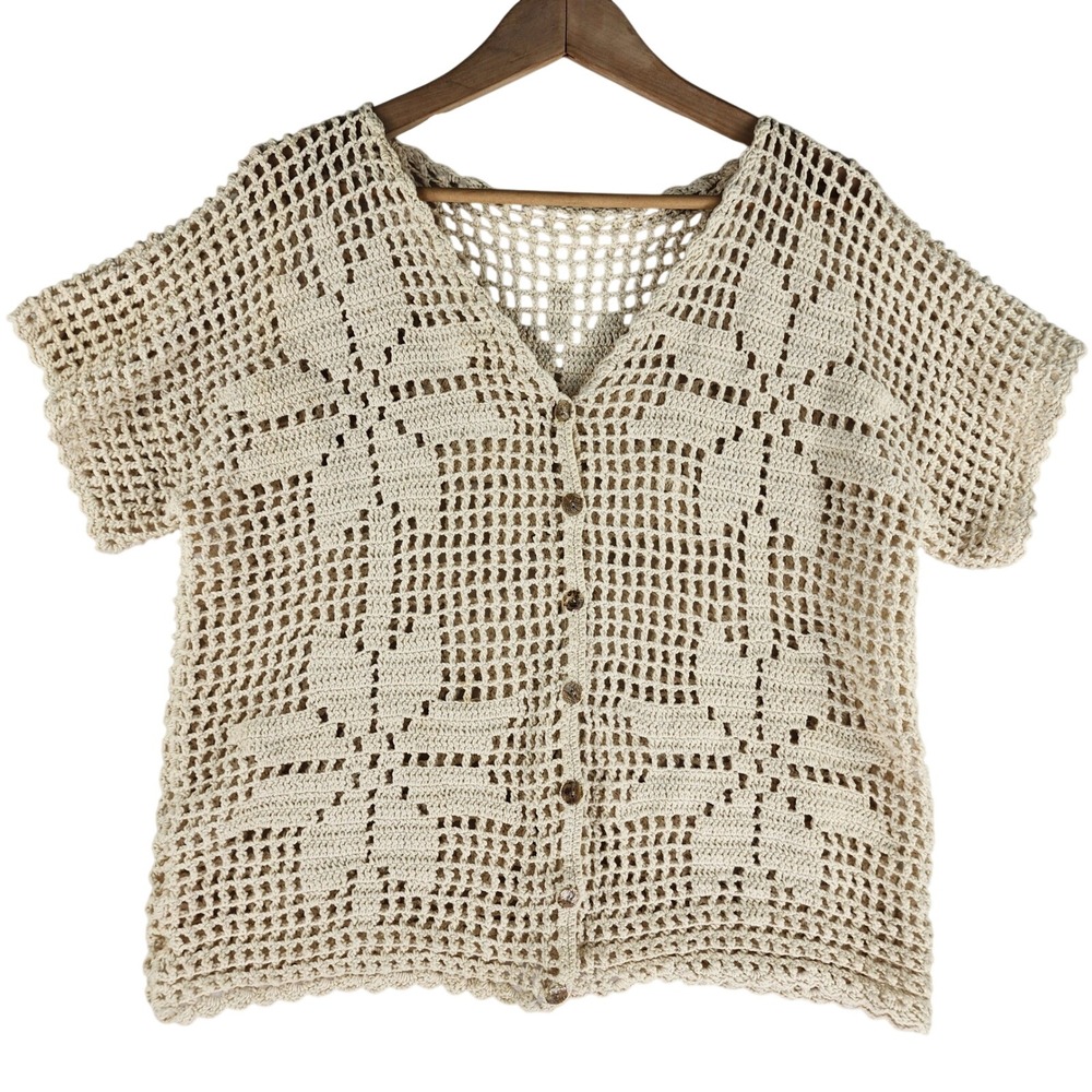 Hand Crochet Floral Cardigan Womens Open Knit Boho Cottagecore